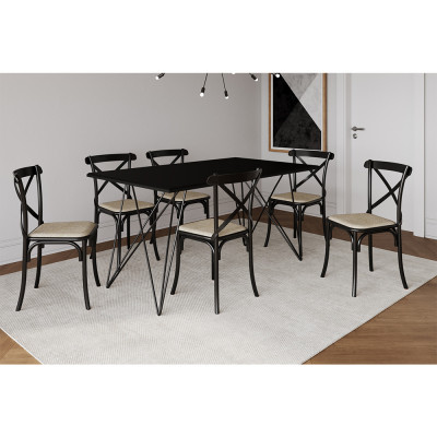 Mesa De Jantar Industrial Com 6 Cadeiras Katrina Preto Trama Premium Preto 150 Cm