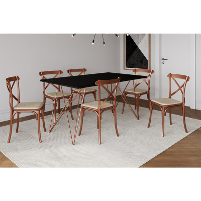 Conjunto Mesa De Jantar 6 Cadeiras Katrina Cobre Trama Premium Cobre E Preto 150 Cm