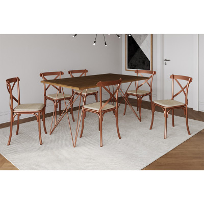 Conjunto Mesa De Jantar 6 Cadeiras Katrina Cobre Trama Premium Cobre E Amêndoa 150 Cm
