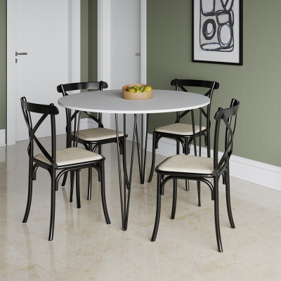 Mesa Jantar Redonda Branca Elen 110cm Hairpin Com 4 Cadeiras Katrina Preta
