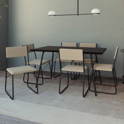 Mesa Jantar Paraty 150cm Tampo Preto Com Cadeiras 6 Cadeiras Angra Estofadas Preta E Bege