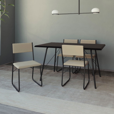 Mesa Jantar Paraty 120cm Tampo Preto Com 4 Cadeiras Angra Estofadas Preta E Bege