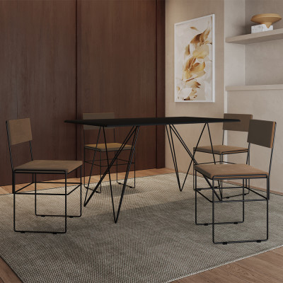 Mesa Jantar Industrial Trama 1,40x0,80m Preta Com 4 Cadeiras Estofadas Vitória Marrom e Preta