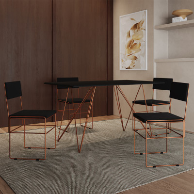 Mesa Jantar Industrial Trama 1,40x0,80m Preta Com 4 Cadeiras Estofadas Vitória Cobre e Preta
