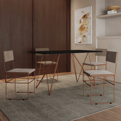 Mesa Jantar Industrial Trama 1,40x0,80m Preta Com 4 Cadeiras Estofadas Vitória Bege e Cobre