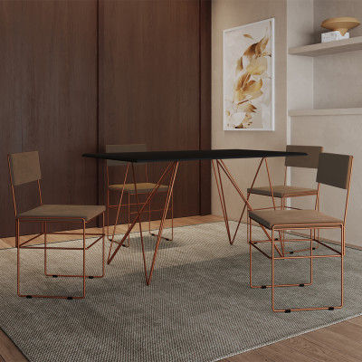 Mesa Jantar Industrial Trama 1,40x0,80m Preta Com 4 Cadeiras Estofadas Vitória Marrom e Cobre