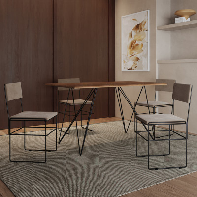Mesa Jantar Industrial Trama 1,40x0,80m Amêndoa Com 4 Cadeiras Estofadas Vitória Bege e Preta