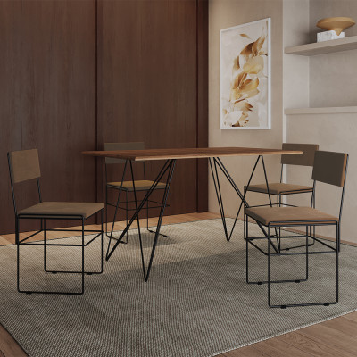 Mesa Jantar Industrial Trama 1,40x0,80m Amêndoa Com 4 Cadeiras Estofadas Vitória Marrom e Preta