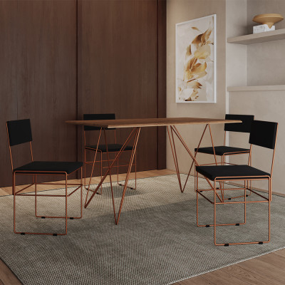 Mesa Jantar Industrial Trama 1,40x0,80m Amêndoa Com 4 Cadeiras Estofadas Vitória Cobre e Preta