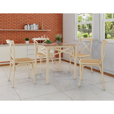 Conjunto Katrina Off White 4 Cadeiras Tampo De Madeira Quadrado 90 Cm Asturias