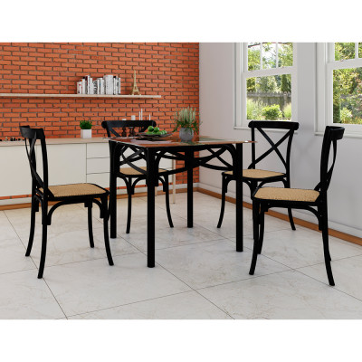 Conjunto Katrina Preto 4 Cadeiras Tampo De Madeira Quadrado 90 Cm Asturias