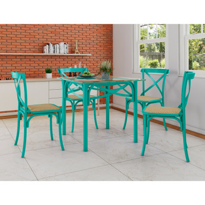 Conjunto Katrina Azul Turquesa 4 Cadeiras Tampo De Madeira Quadrado 90 Cm Asturias