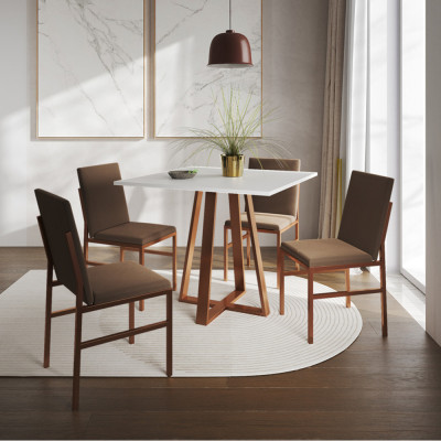 Conjunto De Jantar Mesa Mônaco 90cm Tampo Branco Com 4 Cadeiras Marrom Base Cobre