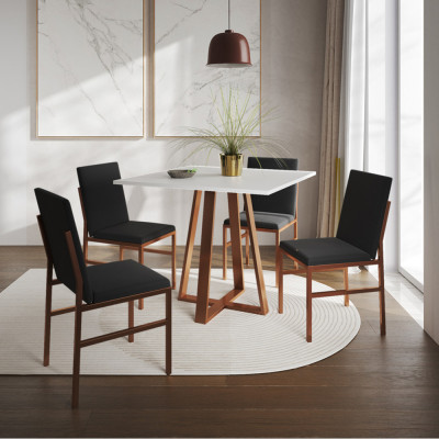 Conjunto De Jantar Mesa Mônaco 90cm Tampo Branco Com 4 Cadeiras Pretas Base Cobre