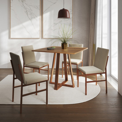 Conjunto De Jantar Mesa Mônaco 90cm Tampo Imbuia Com 4 Cadeiras Bege Base Cobre