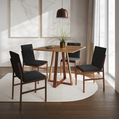 Conjunto De Jantar Mesa Mônaco 90cm Tampo Imbuia Com 4 Cadeiras Pretas Base Cobre