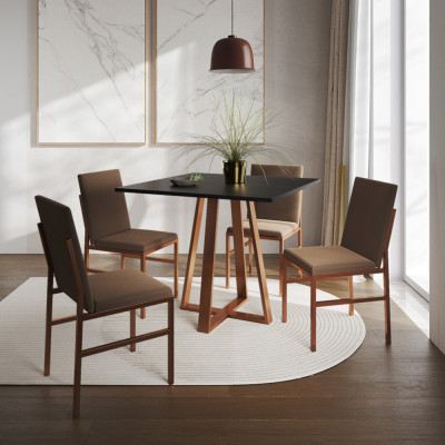 Conjunto De Jantar Mesa Mônaco 90cm Tampo Preto Com 4 Cadeiras Marrom Base Cobre