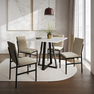 Conjunto De Jantar Mesa Mônaco 90cm Tampo Branco Com 4 Cadeiras Estofadas Bege