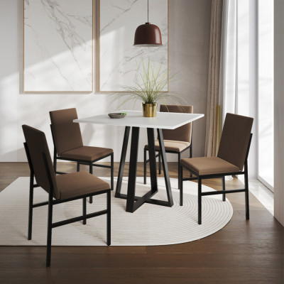 Conjunto De Jantar Mesa Mônaco 90cm Tampo Branco Com 4 Cadeiras Estofadas Marrom
