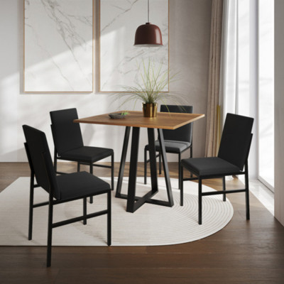 Conjunto De Jantar Mesa Mônaco 90cm Tampo Imbuia Com 4 Cadeiras Estofadas Pretas