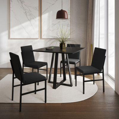 Conjunto De Jantar Mesa Mônaco 90cm Tampo Preto Com 4 Cadeiras Estofadas Pretas
