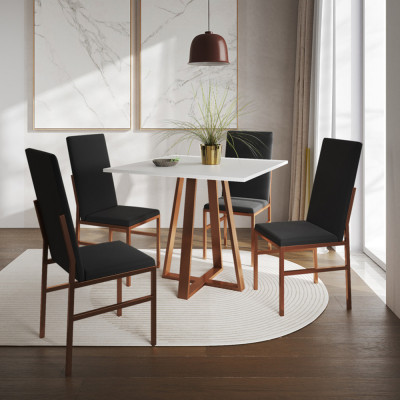 Conjunto De Jantar Mesa Mônaco Premium 90cm Branca Com 4 Cadeiras Estofadas Pretas Base Cobre