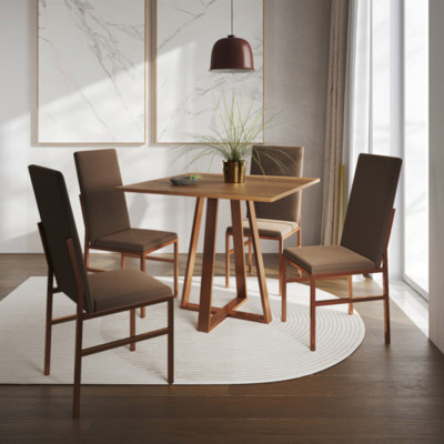 Conjunto De Jantar Mesa Mônaco Premium 90cm Imbuia Com 4 Cadeiras Estofadas Marrom Base Cobre