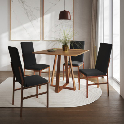 Conjunto De Jantar Mesa Mônaco Premium 90cm Imbuia Com 4 Cadeiras Estofadas Pretas Base Cobre