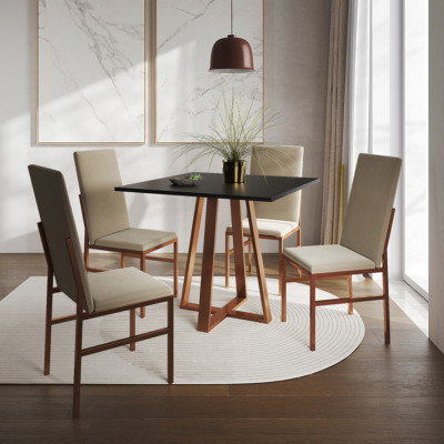 Conjunto De Jantar Mesa Mônaco Premium 90cm Preta Com 4 Cadeiras Estofadas Bege Base Cobre