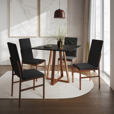 Conjunto De Jantar Mesa Mônaco Premium 90cm Preta Com 4 Cadeiras Estofadas Pretas Base Cobre