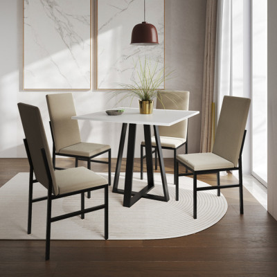 Conjunto De Jantar Mesa Mônaco Premium 90cm Branca Com 4 Cadeiras Estofadas Bege  