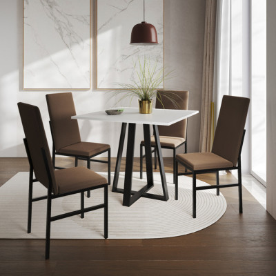 Conjunto De Jantar Mesa Mônaco Premium 90cm Branca Com 4 Cadeiras Estofadas Marrom  
