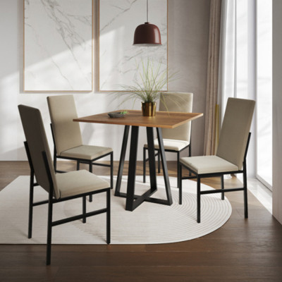 Conjunto De Jantar Mesa Mônaco Premium 90cm Imbuia Com 4 Cadeiras Estofadas Bege  