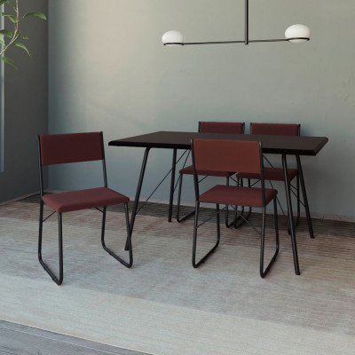 Mesa Jantar Paraty 137cm Tampo Preto Com 4 Cadeiras Angra Estofadas Preta E Marrom