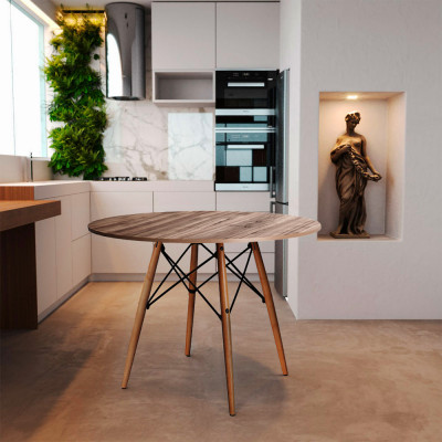 Mesa Eiffel Design Charles Eames Redonda 90cm Amêndoa Base Madeira Maciça