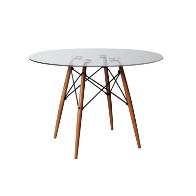 Mesa De Jantar Vidro Eames Eiffel Redonda 110cm Base Madeira Maciça