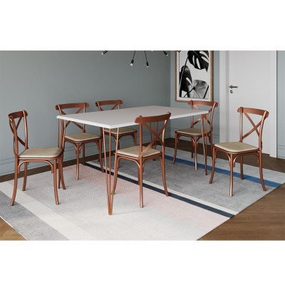 Conjunto Mesa De Jantar Elen Com 6 Cadeiras Katrina Base Cobre E Tampo Branco 150cm