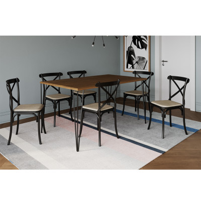 Conjunto Mesa De Jantar Elen Com 6 Cadeiras Katrina Base Preta E Tampo Amêndoa 150cm