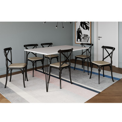 Conjunto Mesa De Jantar Elen Com 6 Cadeiras Katrina Base Preta E Tampo Branco 150cm