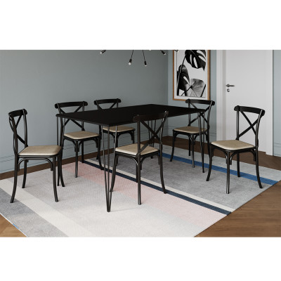 Conjunto Mesa De Jantar Elen Com 6 Cadeiras Katrina Base E Tampo Preto 150cm