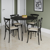 Mesa Com 4 Cadeiras Katrina Preta Elen Hairpin 110cm Jantar Preta Com Ferro Preto(100)