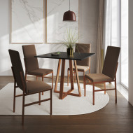 Conjunto De Jantar Mesa Mônaco Premium 90cm Preta Com 4 Cadeiras Estofadas Marrom Base Cobre(100)