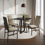Conjunto De Jantar Mesa Mônaco Premium 90cm Preta Com 4 Cadeiras Estofadas Bege  (100)